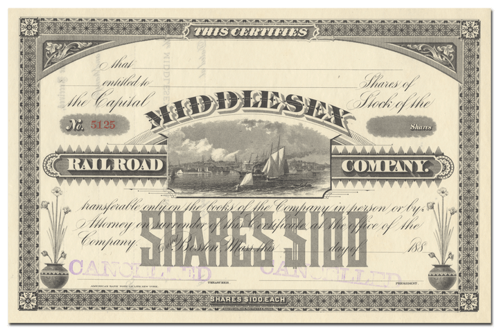 Middlesex Railroad Company Stock Certificate