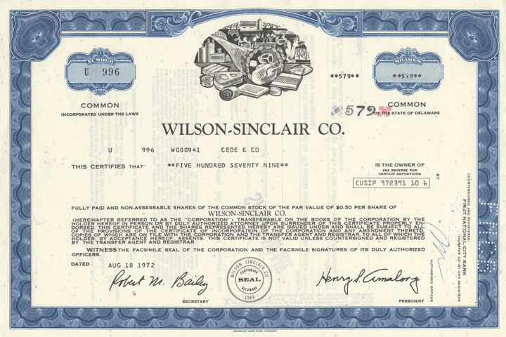 Wilson-Sinclair Co. Stock Certificate