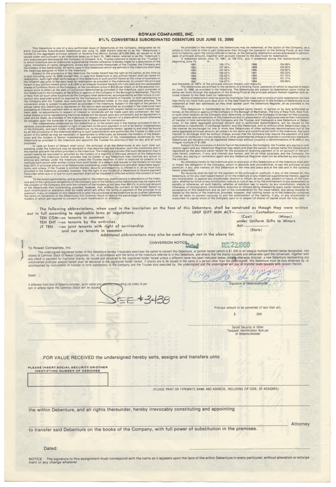 Rowan Companies, Inc. Bond Certificate