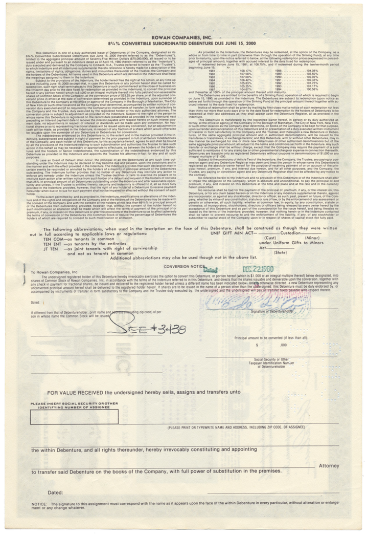 Rowan Companies, Inc. Bond Certificate