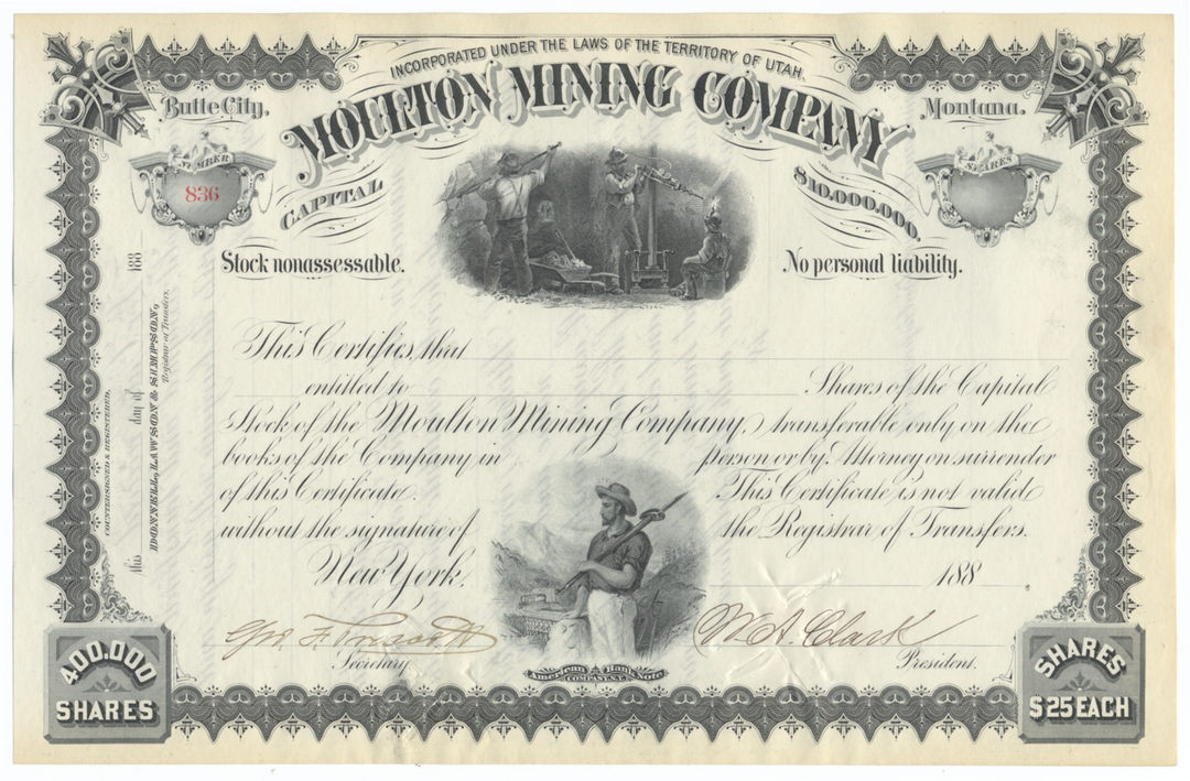 Moulton Mining Company Stock Certificate Signed by William A, Clark