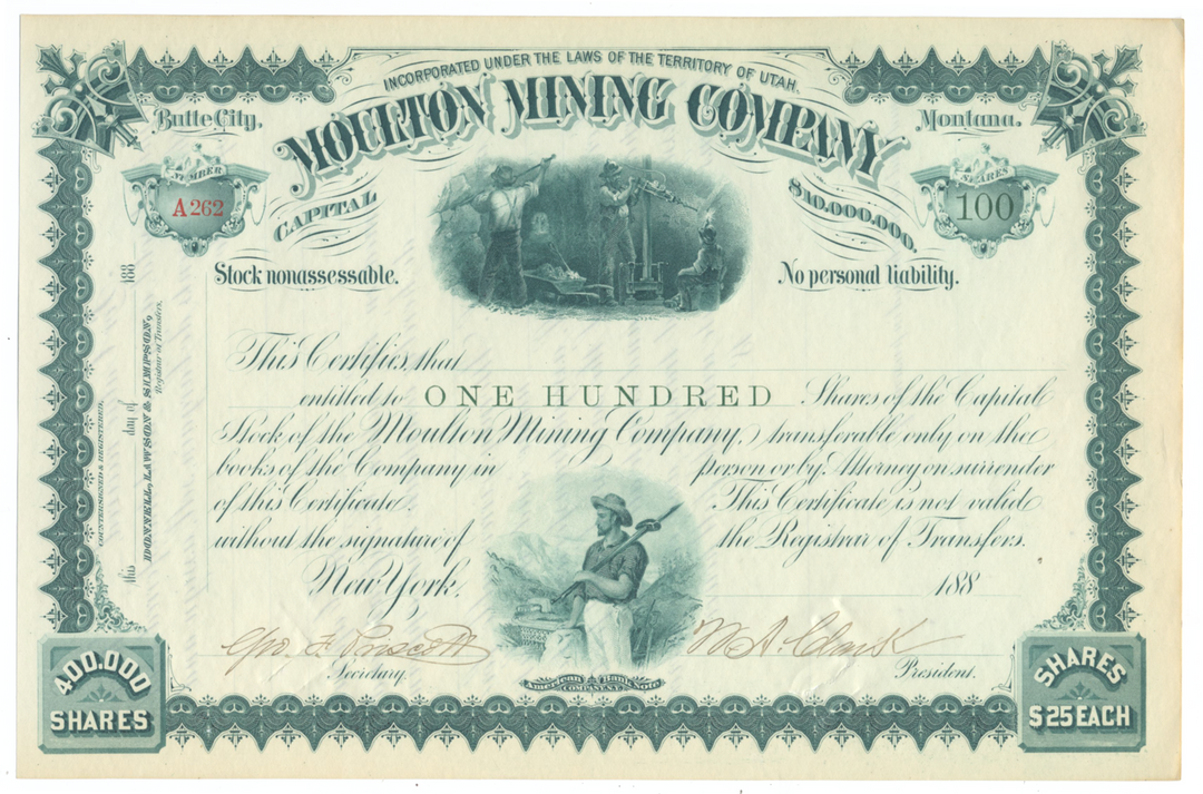 Moulton Mining Company Stock Certificate Signed by William A, Clark