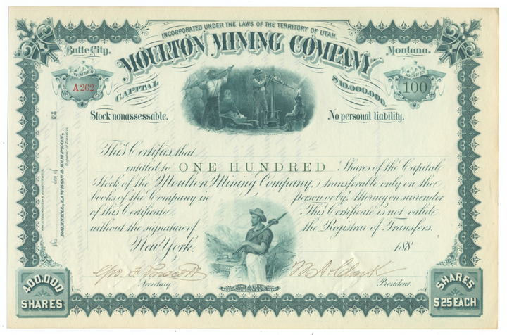 Moulton Mining Company Stock Certificate Signed by William A, Clark