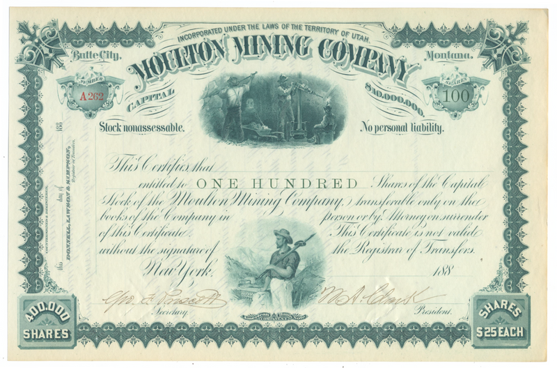 Moulton Mining Company Stock Certificate Signed by William A, Clark