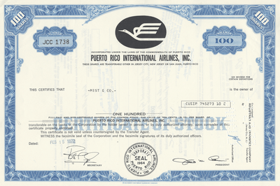 Puerto Rico International Airlines, Inc. Stock Certificate