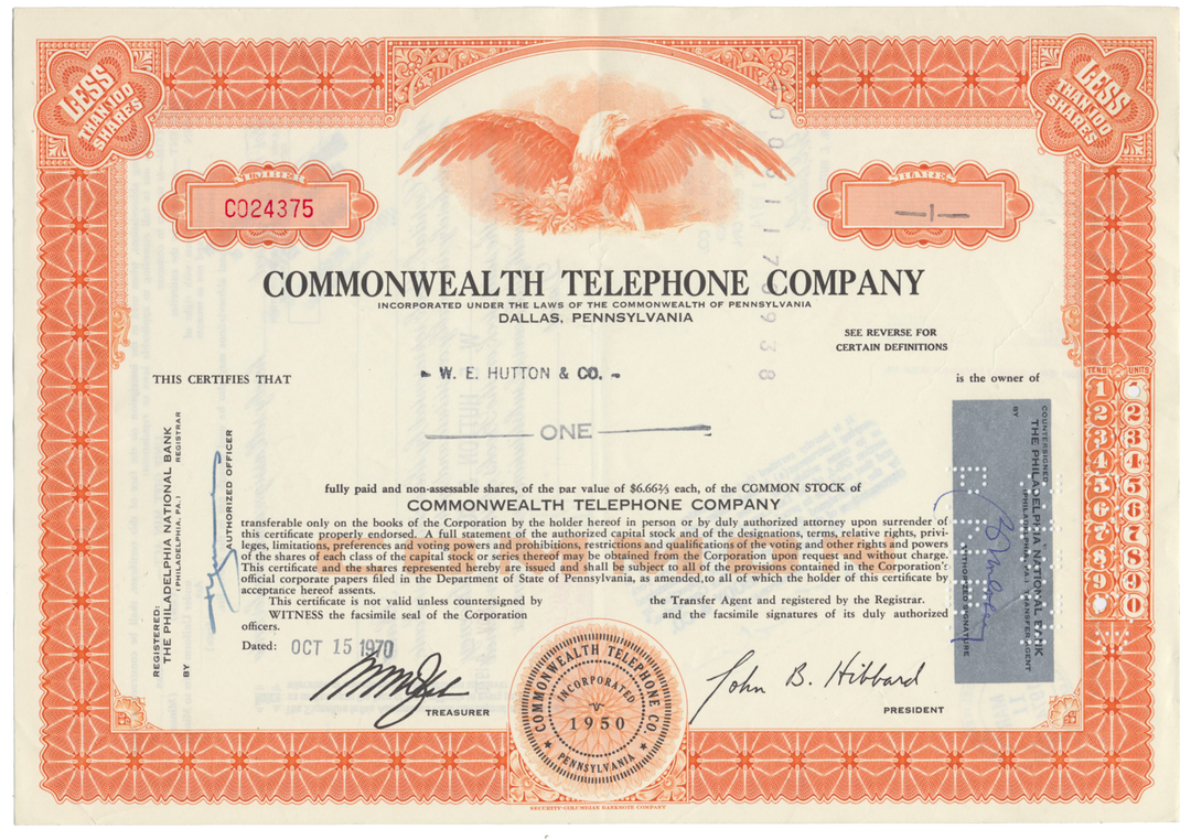 Commonwealth Telephone Company Stock Certificate