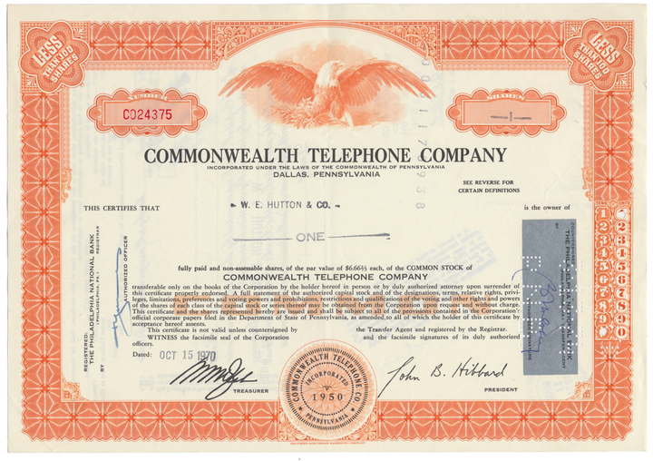 Commonwealth Telephone Company Stock Certificate