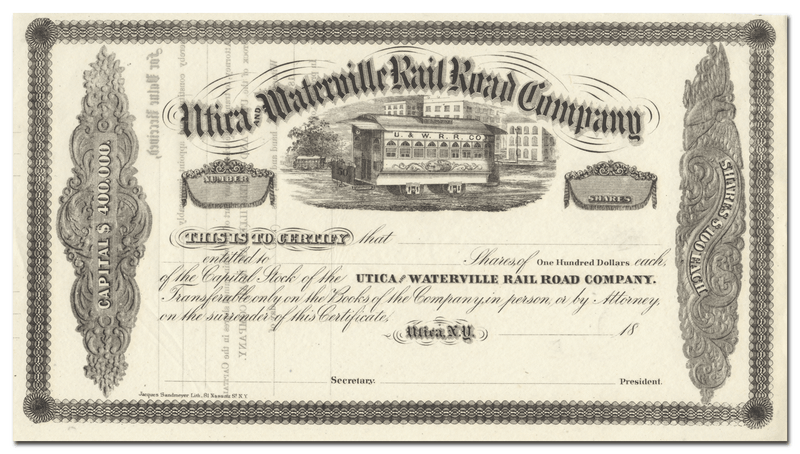 Utica and Waterville Rail Road Company Stock Certificate