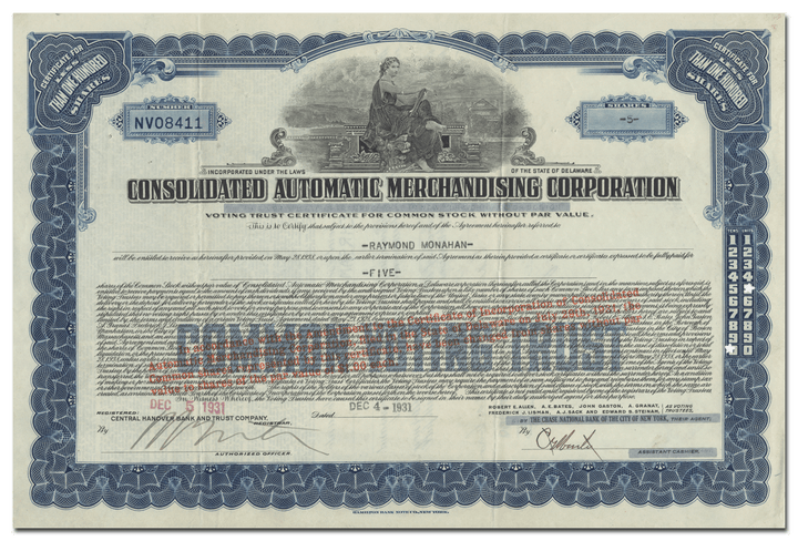 Consolidated Automatic Merchandising Corporation Stock Certificate