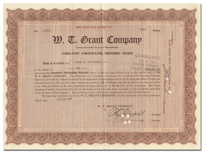 W. T. Grant Company Stock Certificate (Signed by W. T. Grant)