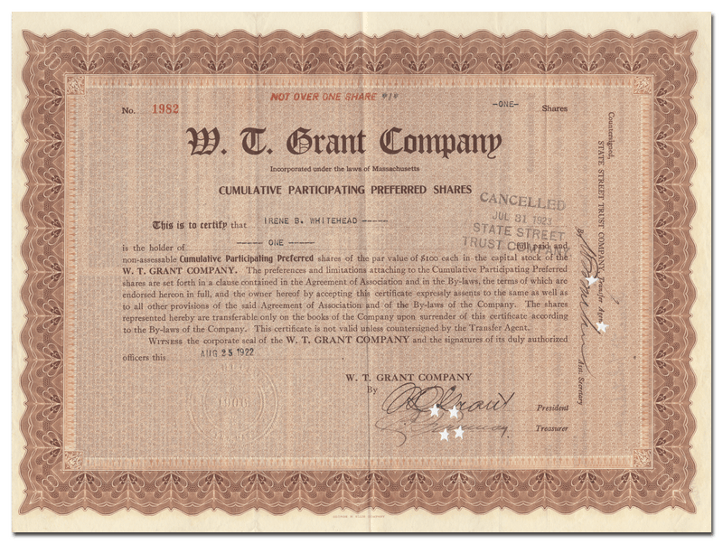 W. T. Grant Company Stock Certificate (Signed by W. T. Grant)