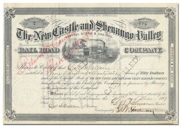 New Castle and Shenango Valley Railroad Company Stock Certificate