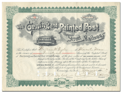 Corning and Painted Post Street Railway Stock Certificate