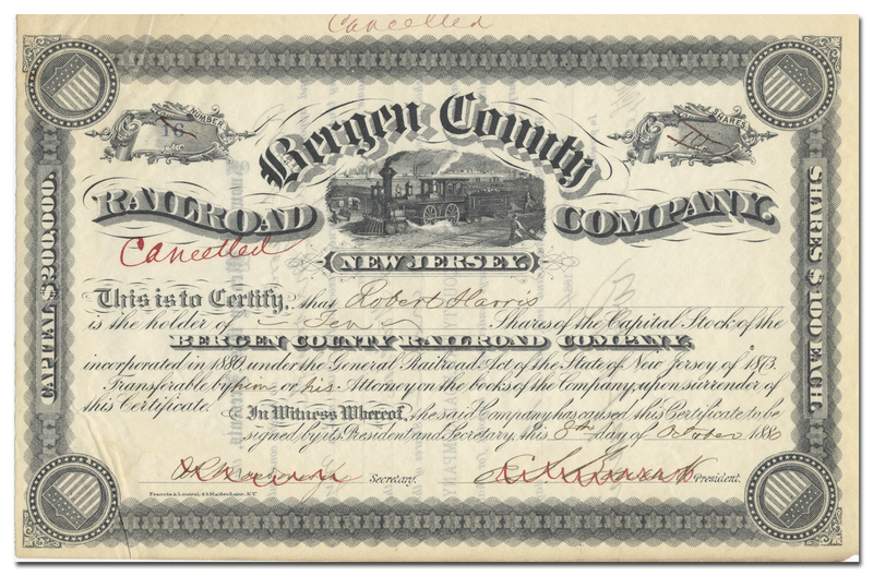 Bergen County Railroad Company Stock Certificate