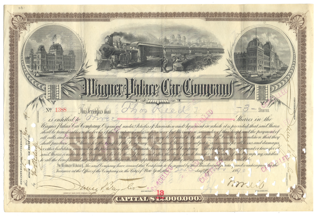 Wagner Palace Car Company Stock Certificate Signed by William Seward Webb