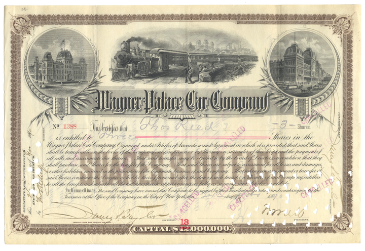 Wagner Palace Car Company Stock Certificate Signed by William Seward Webb