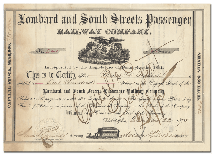 Lombard and South Streets Passenger Railway Company Stock Certificate