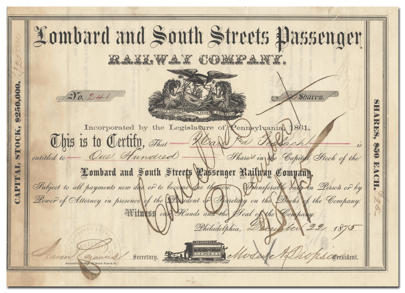 Lombard and South Streets Passenger Railway Company Stock Certificate