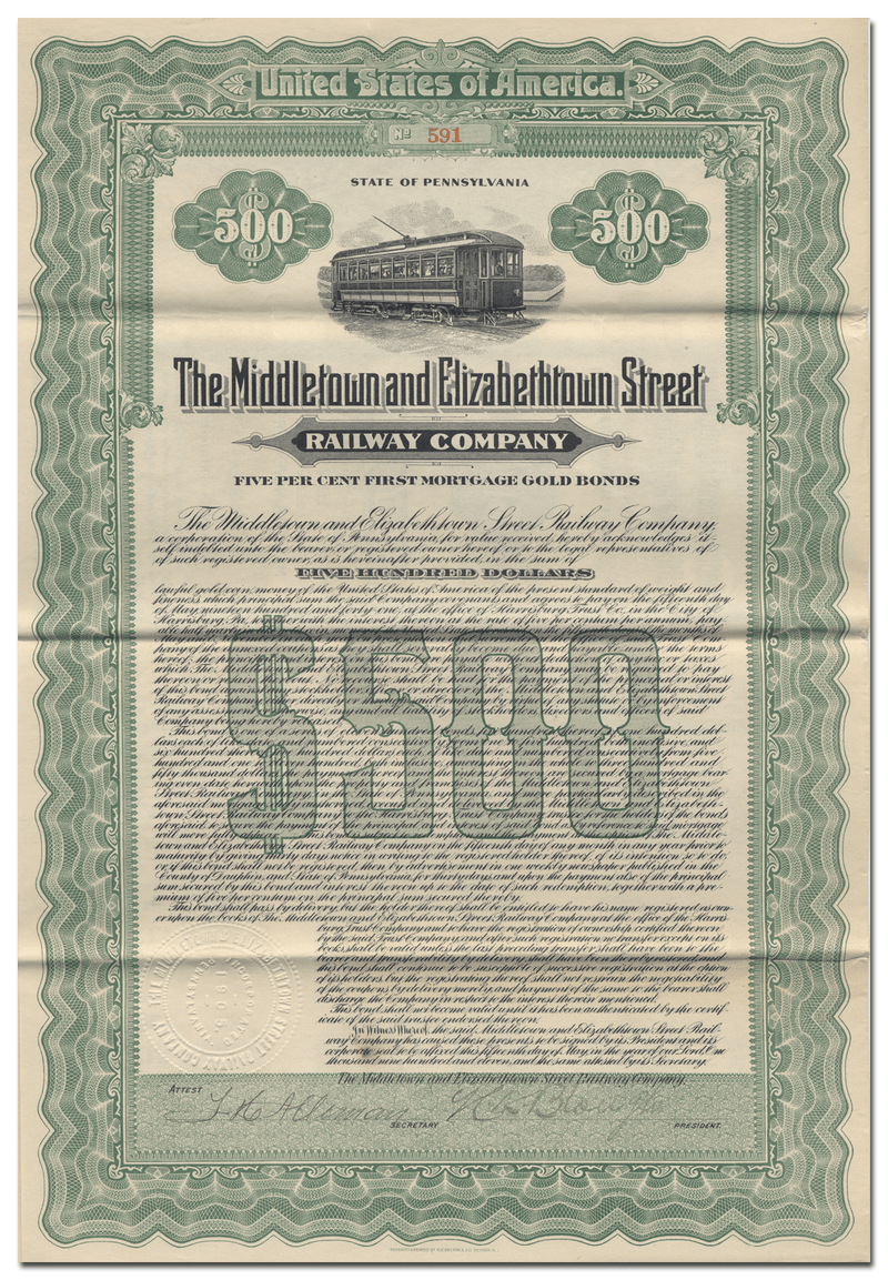 Middletown & Elizabethtown Street Railway Company Bond Certificate