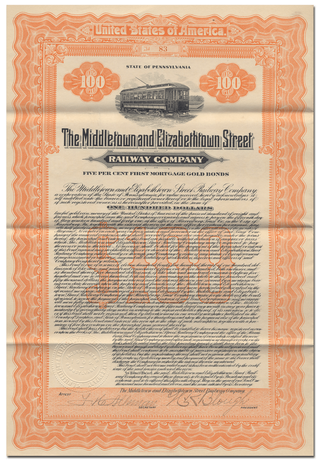 Middletown & Elizabethtown Street Railway Company Bond Certificate