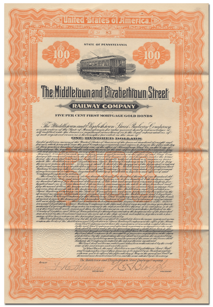 Middletown & Elizabethtown Street Railway Company Bond Certificate