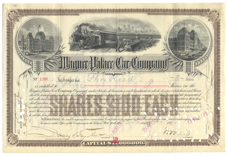 Wagner Palace Car Company Stock Certificate Signed by William Seward Webb