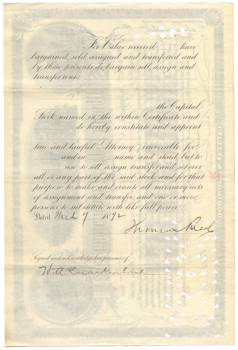 Wagner Palace Car Company Stock Certificate Signed by William Seward Webb