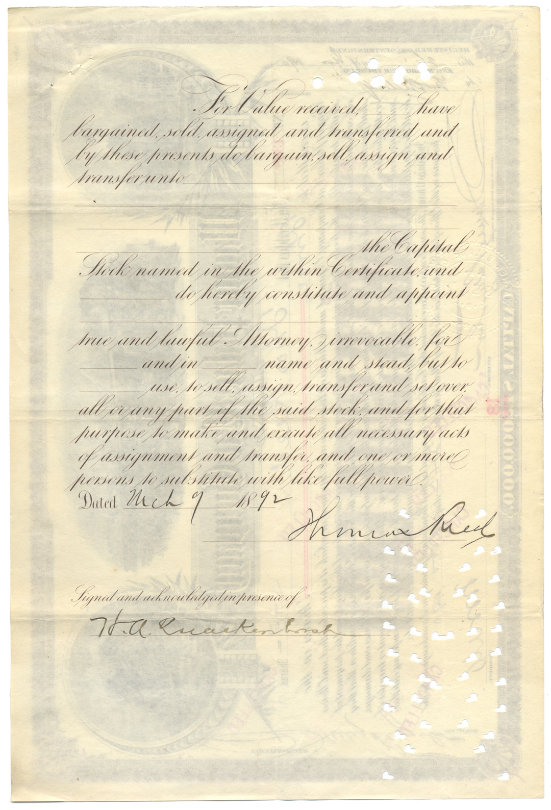 Wagner Palace Car Company Stock Certificate Signed by William Seward Webb