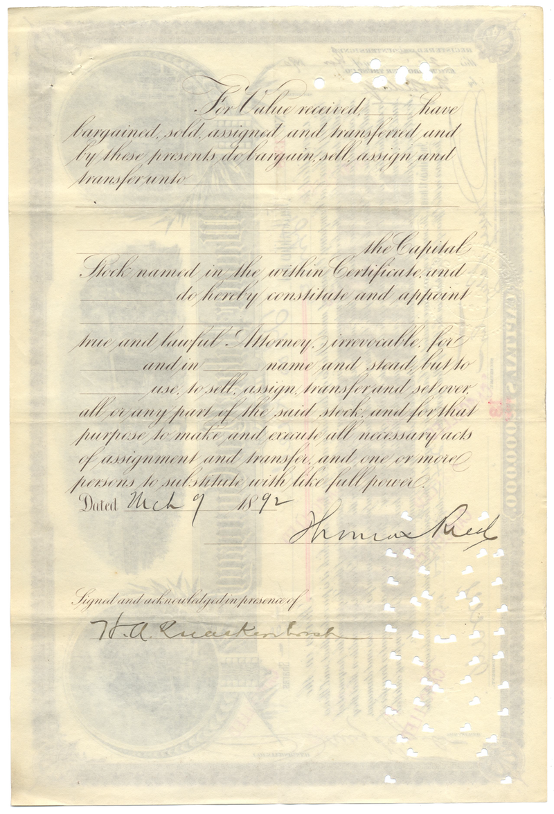 Wagner Palace Car Company Stock Certificate Signed by William Seward Webb