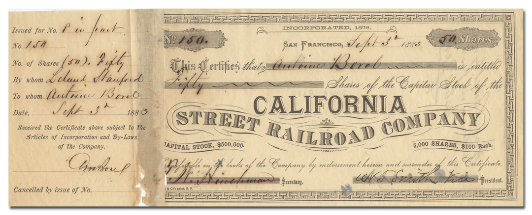 California Street Railroad Company Stock Certificate