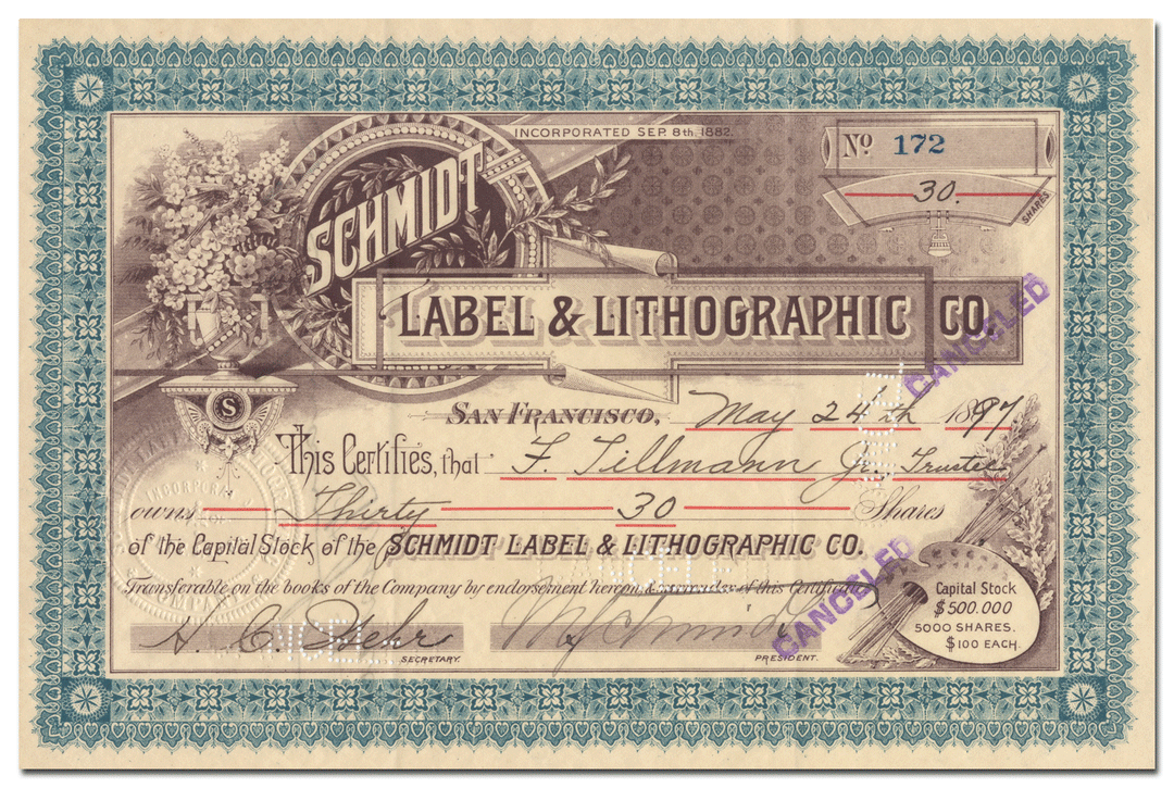 Schmidt Label & Lithographic Company Stock Certificate