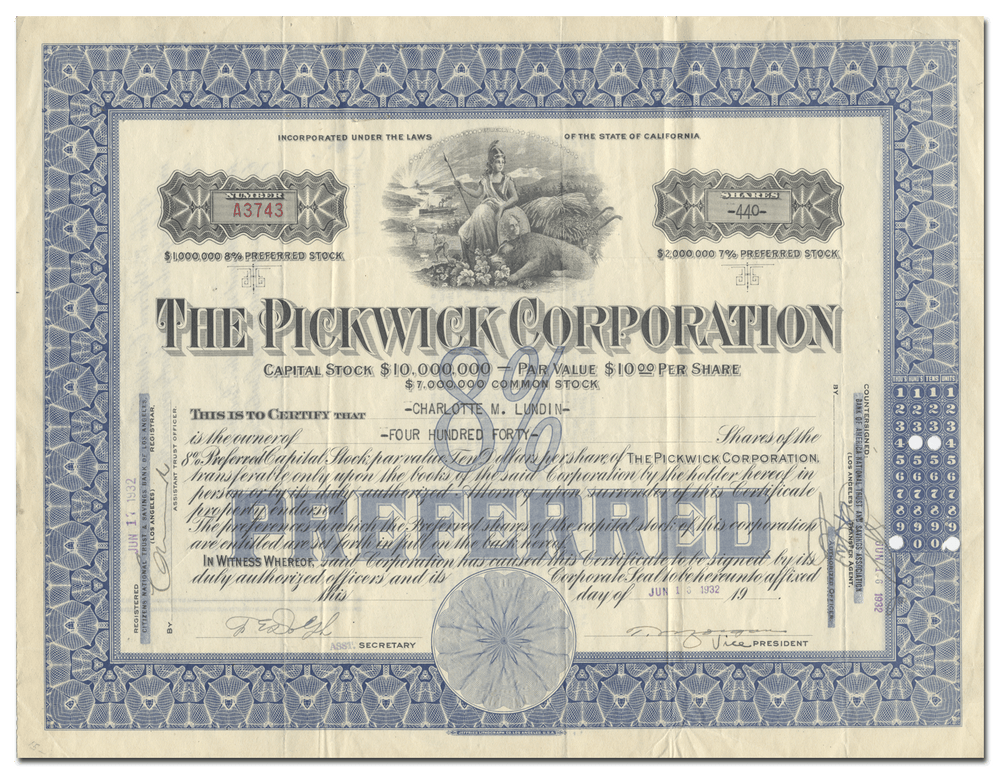Pickwick Corporation Stock Certificate