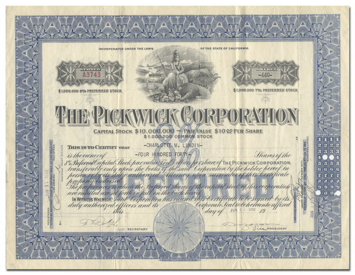 Pickwick Corporation Stock Certificate