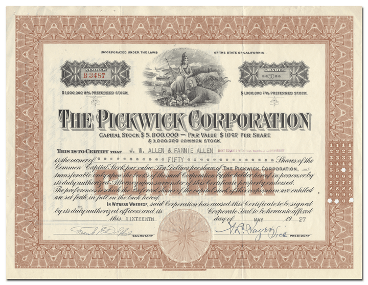 Pickwick Corporation Stock Certificate