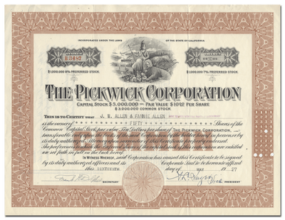 Pickwick Corporation Stock Certificate