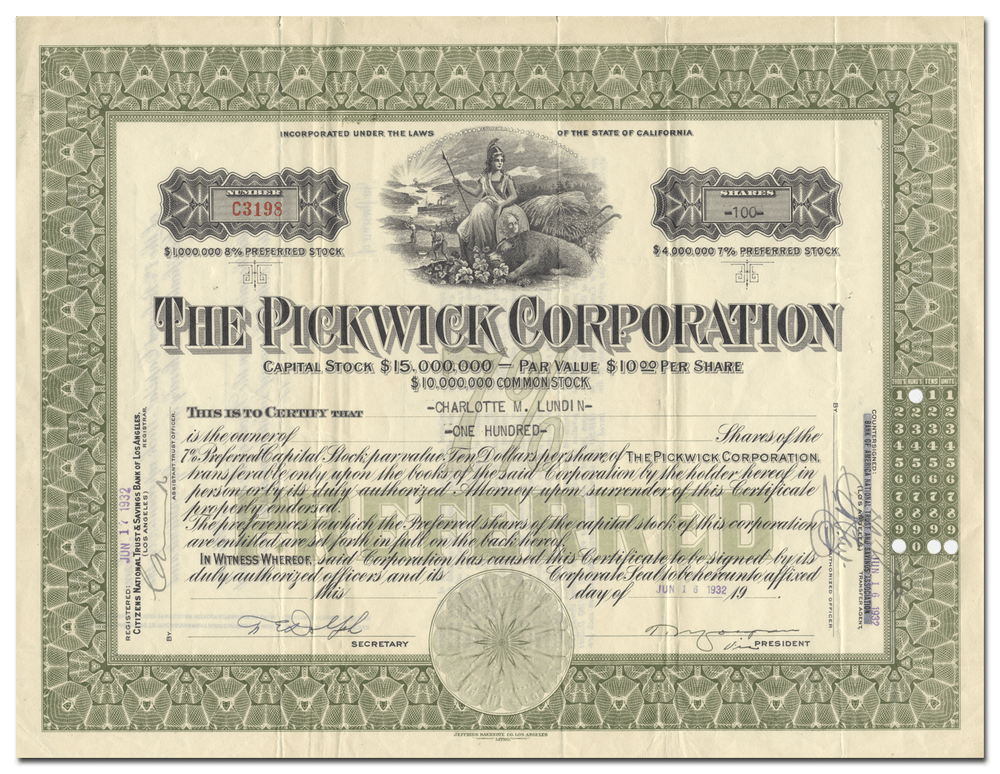 Pickwick Corporation Stock Certificate
