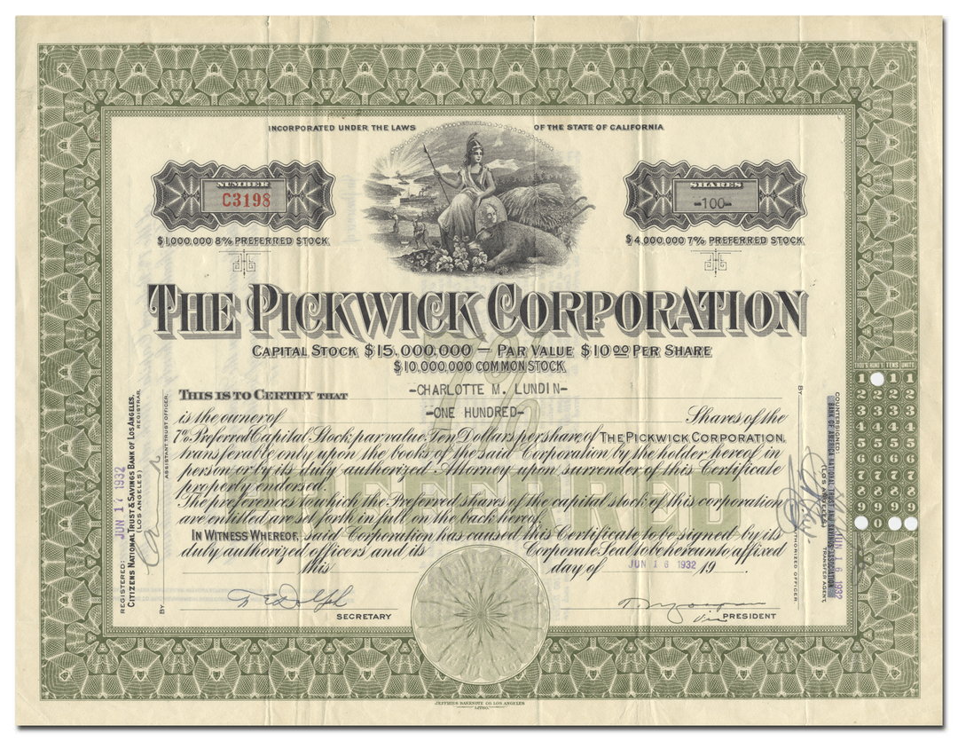 Pickwick Corporation Stock Certificate