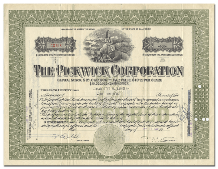 Pickwick Corporation Stock Certificate