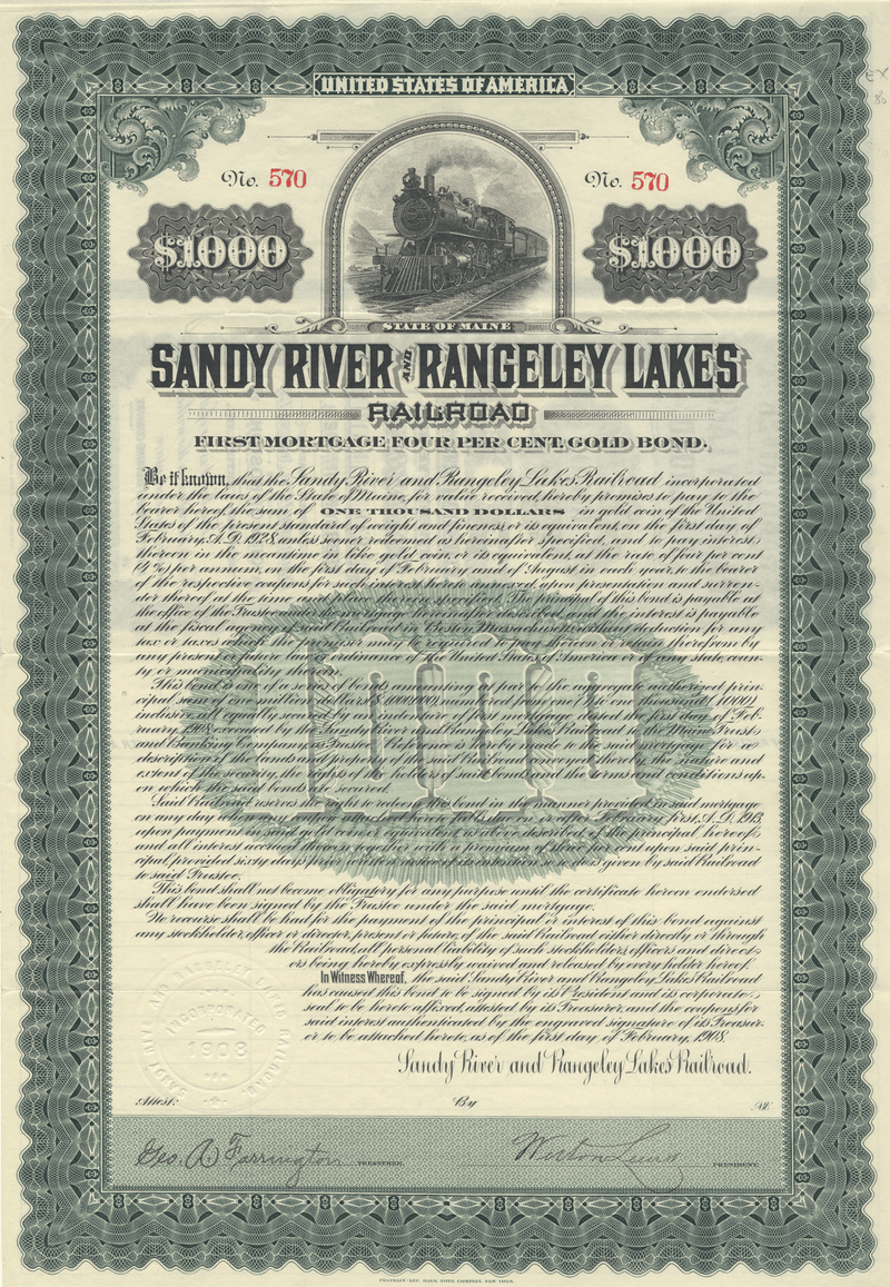 Sandy River and Rangeley Lakes Railroad Company Bond Certificate