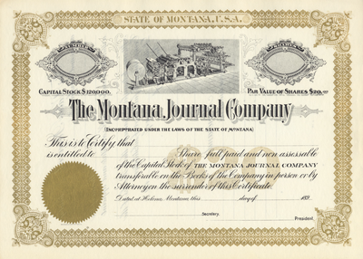 Montana Journal Company Stock Certificate