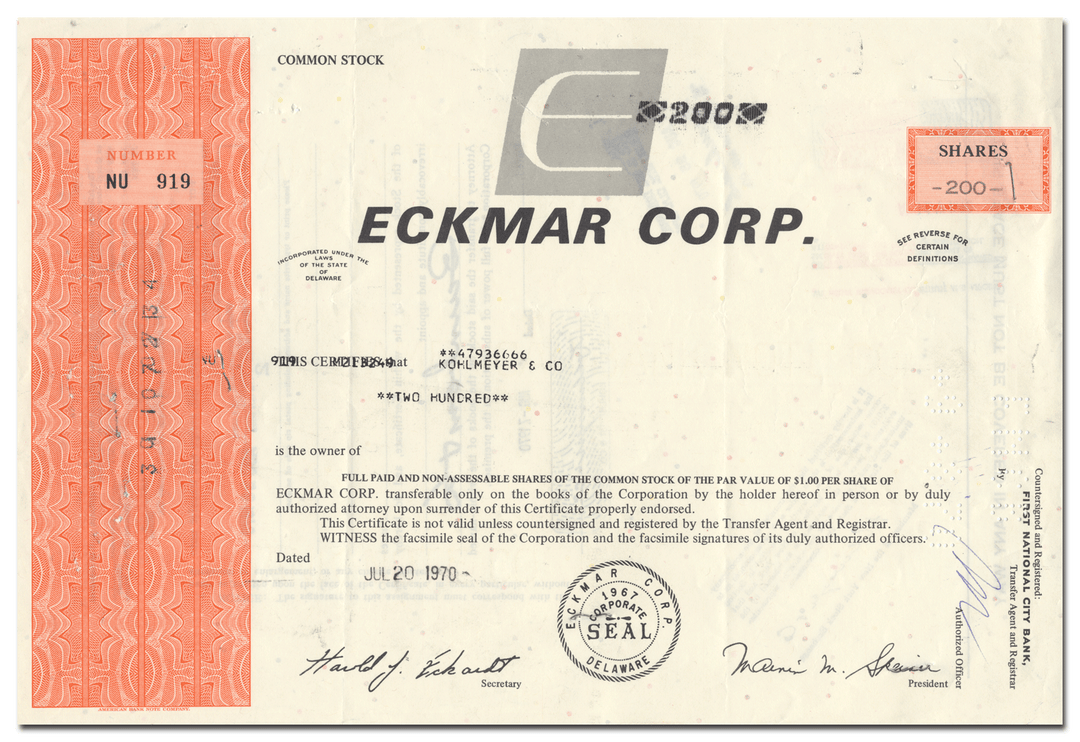 Eckmar Corp. Stock Certificate