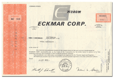Eckmar Corp. Stock Certificate