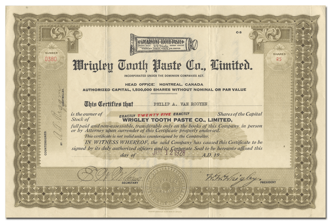 Wrigley Tooth Paste Co., Limited Stock Certificate Signed by W. W. Wrigley