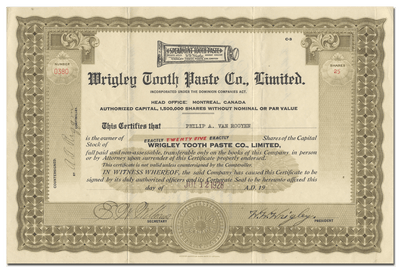 Wrigley Tooth Paste Co., Limited Stock Certificate Signed by W. W. Wrigley
