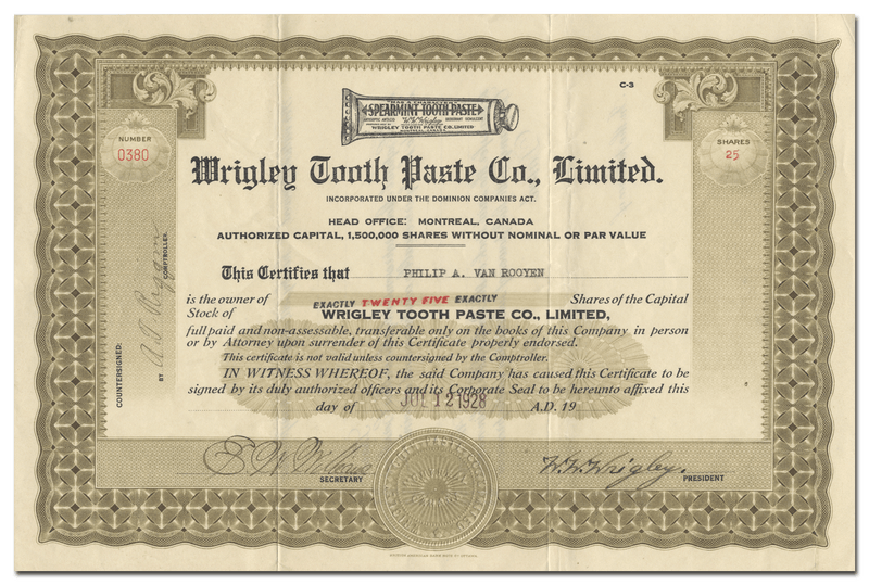 Wrigley Tooth Paste Co., Limited Stock Certificate Signed by W. W. Wrigley
