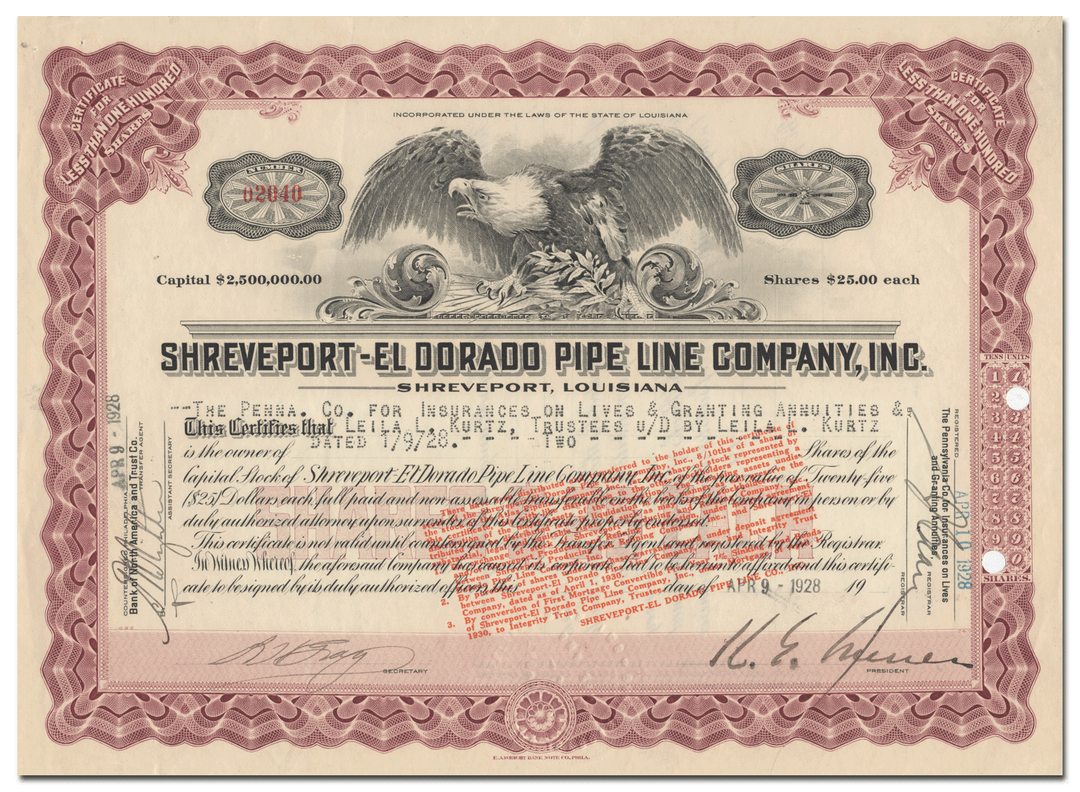 Shreveport - El Dorado Pipe Line Company, Inc. Stock Certificate