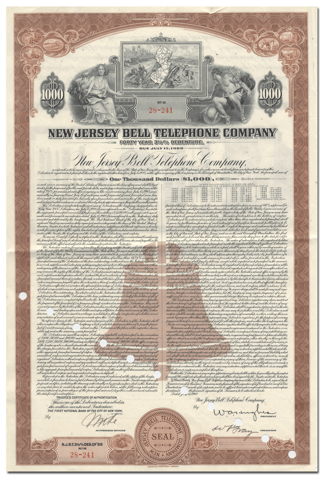 New Jersey Bell Telephone Company Bond Certificate