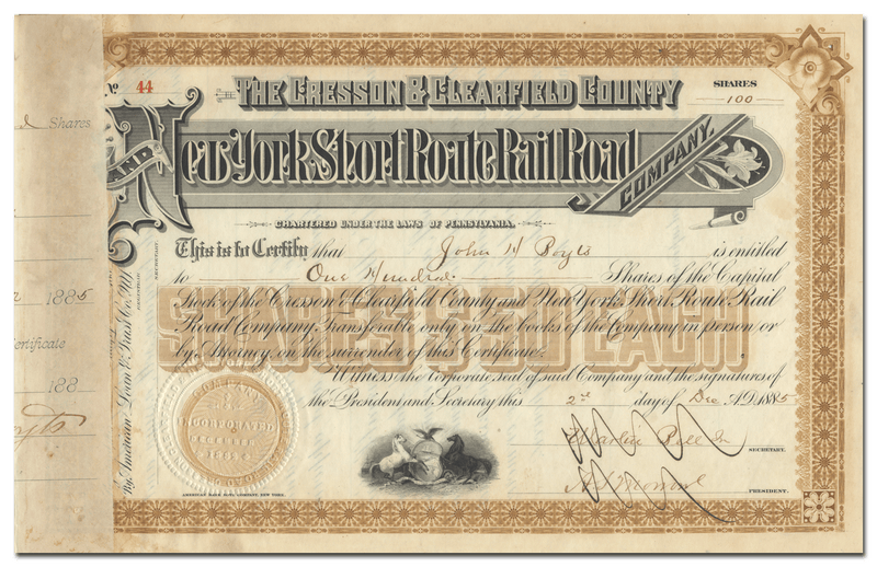 Cresson & Clearfield County and New York Short Route Rail Road Company Stock Certificate