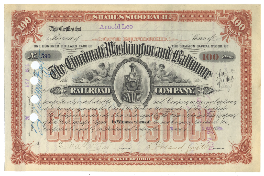 Cincinnati, Washington and Baltimore Railroad Company Stock Certificate Signed by Orland Smith