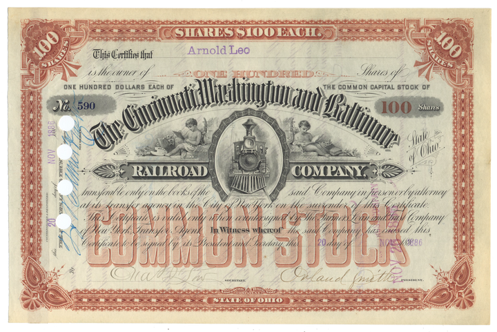 Cincinnati, Washington and Baltimore Railroad Company Stock Certificate Signed by Orland Smith